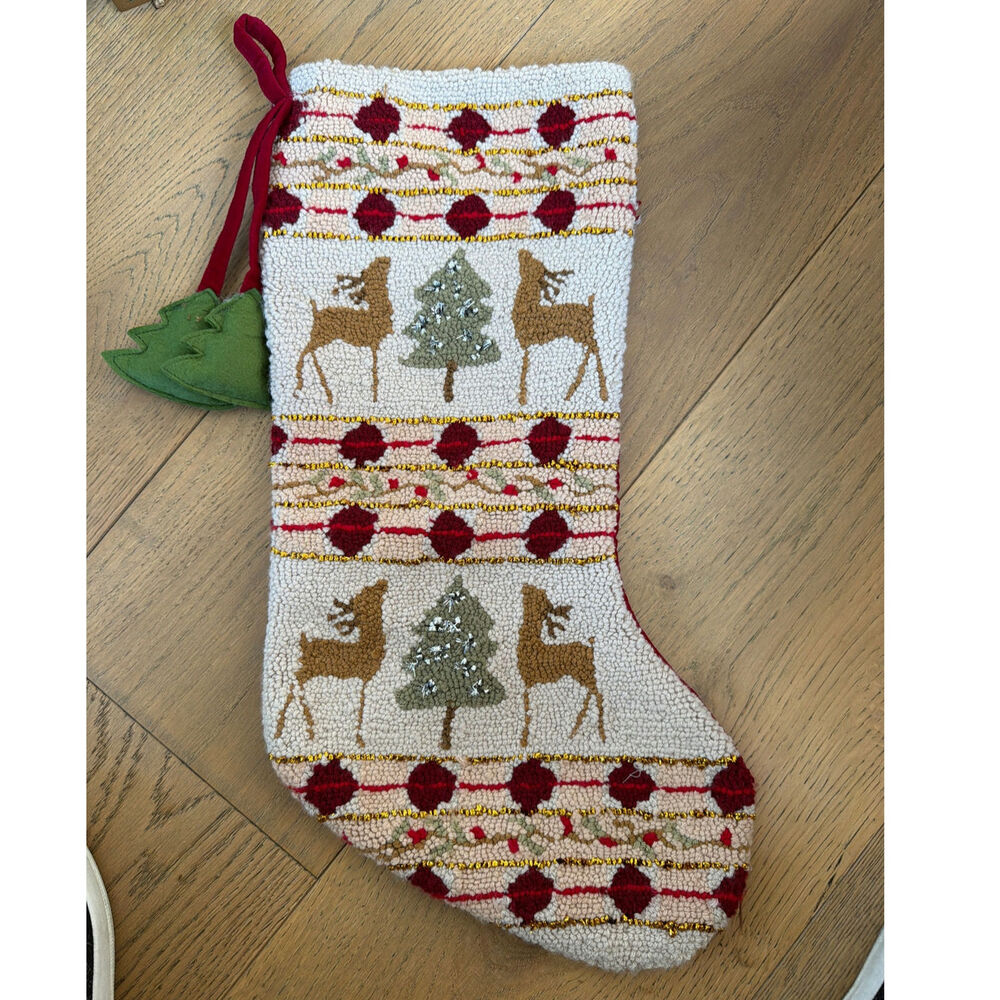 Rustic Reindeer Chistmas Stocking Glitz Hooked Wool Yarn Velvet Back